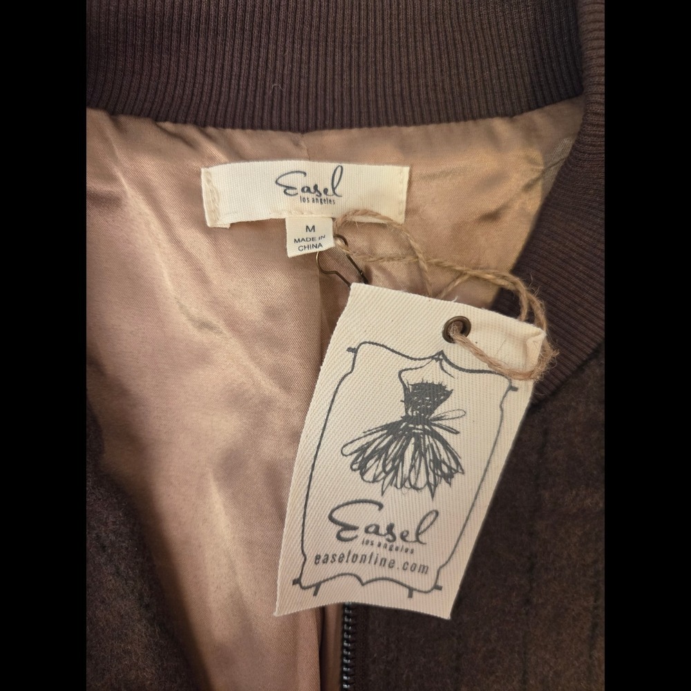 Easel Sz M (L) Vegan Leather Brown Bomber Wool Pinstripe‎ - Picture 4 of 8